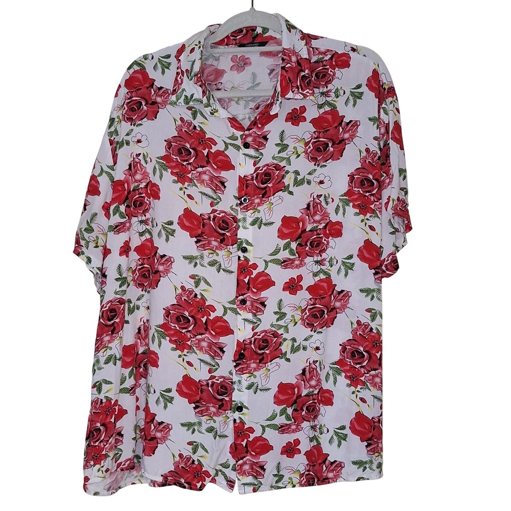 COOFANDY Mens Floral Rose Print Short Sleeve Button Down Shirt White Red 3XL